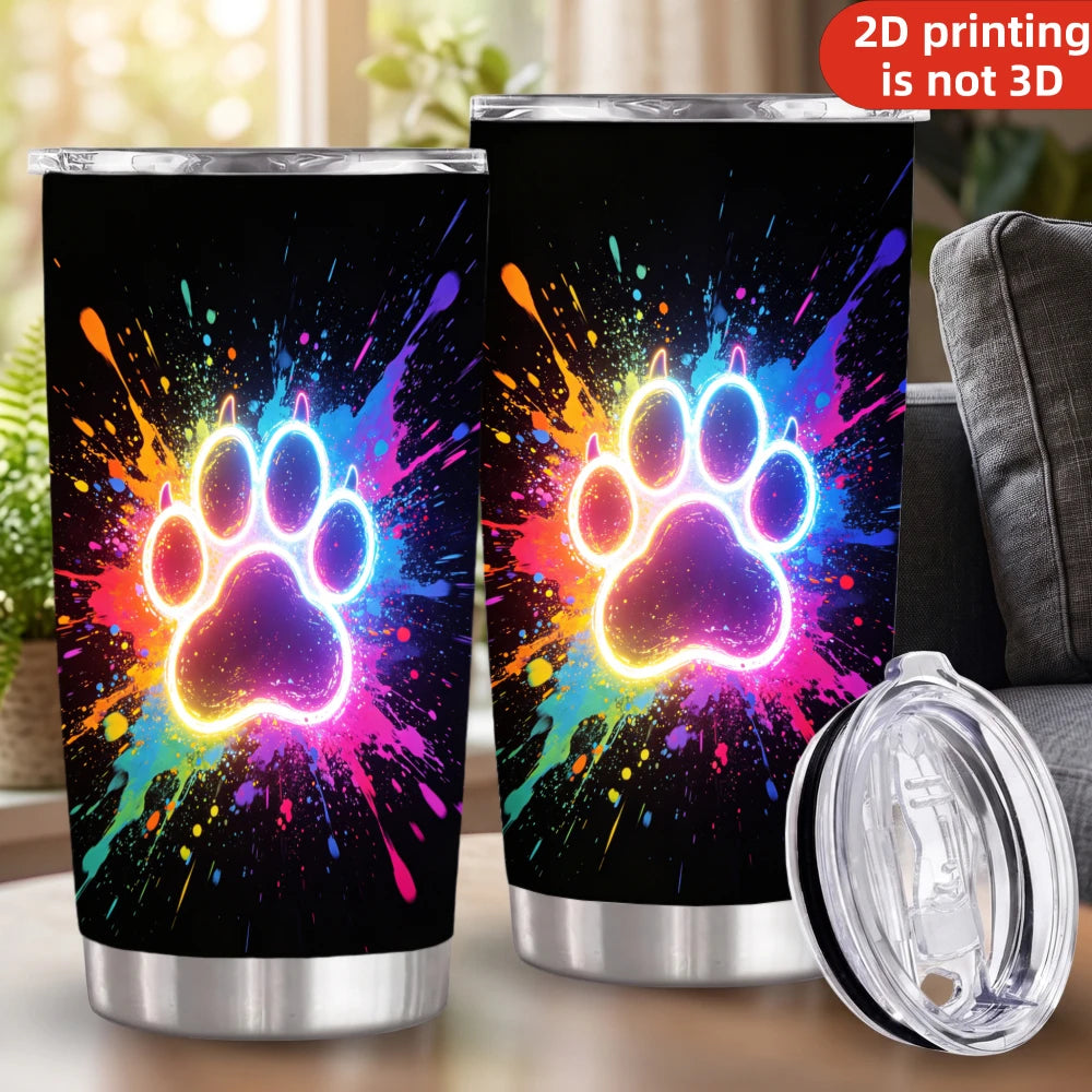 20oz Neon Glowing Paw Print Printed Stainless Steel Tumbler with Lid and Straw, Colorful Paint Splatter Dog Cat Paw Pet Lover Vacuum Insulated Travel Coffee Mug Gifts