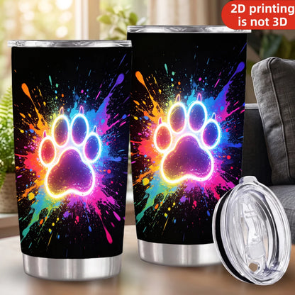 20oz Neon Glowing Paw Print Printed Stainless Steel Tumbler with Lid and Straw, Colorful Paint Splatter Dog Cat Paw Pet Lover Vacuum Insulated Travel Coffee Mug Gifts