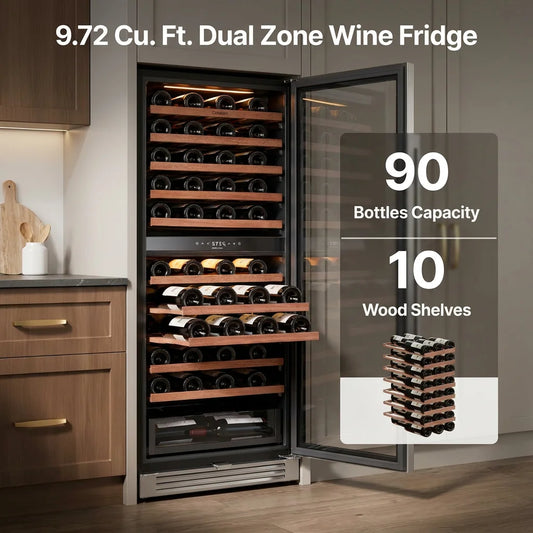90 Bottles Dual Zone Wine Cooler Fridge 275L Built-in Wine Refrigerator Dual NTC Sensor Electronic Temperature Control 5-18℃ ETL Energy Star Certified 41dB Low Noise Wine Cabinet for Home Bar Kitchen