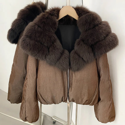OFTBUY Winter Voluminous Fox Fur Collar Coat Women Zipper Duck Down Jacket Female Relaxed Short Down Coat Warm Outerwear