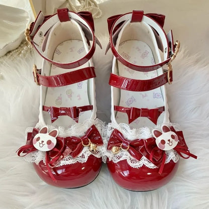 Cute Lolita Mary Jane Heels with Bunny Bows Lace and Bells for Cosplay and Tea Parties
