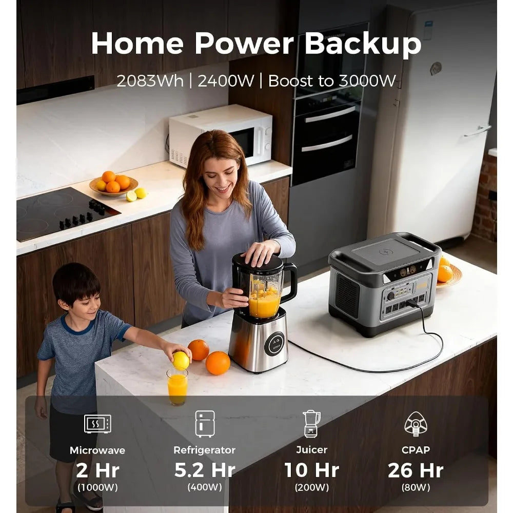 S2400 Portable Power Station(Solar Panel Option), 2083Wh LiFePO4, 2400W (Surge 3000W) UPS, 6 AC Outlets, Solar, Customized