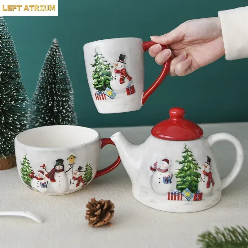 Nordic creative Christmas Snowman bowl plate cutlery set Western ceramic dinner plates Home rice salad bowl cup Christmas gift