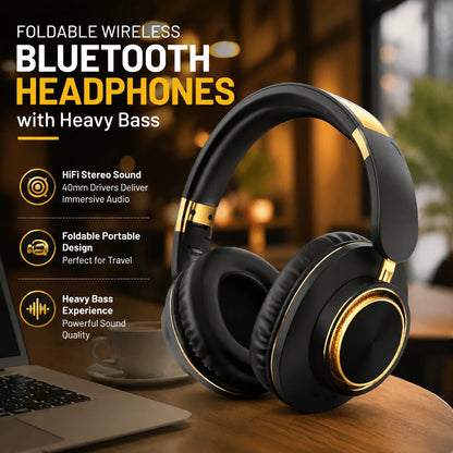 Bluetooth Headphones Wireless Headset Foldable Over Ear HiFi Stereo Heavy Bass Gaming Earphones With Microphone Extended Battery Life Portable Design Comfortable Fit Adjustable Headband Suitable For Travel Sports Work Laptop