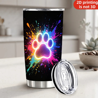 20oz Neon Glowing Paw Print Printed Stainless Steel Tumbler with Lid and Straw, Colorful Paint Splatter Dog Cat Paw Pet Lover Vacuum Insulated Travel Coffee Mug Gifts