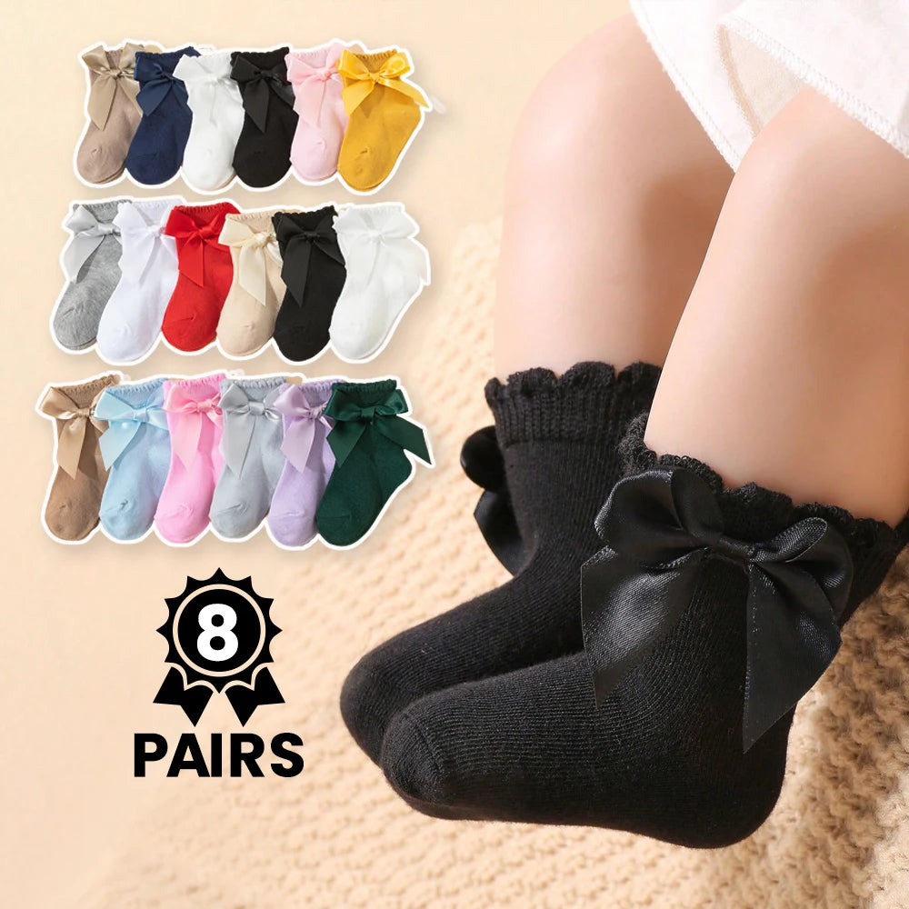 8 Pairs Random Kids Girls Socks With Bow  Breathable Short Socks Multicolor Children Casual Princess Socks