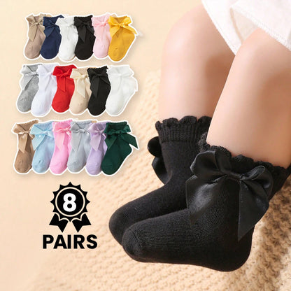 8 Pairs Random Kids Girls Socks With Bow  Breathable Short Socks Multicolor Children Casual Princess Socks