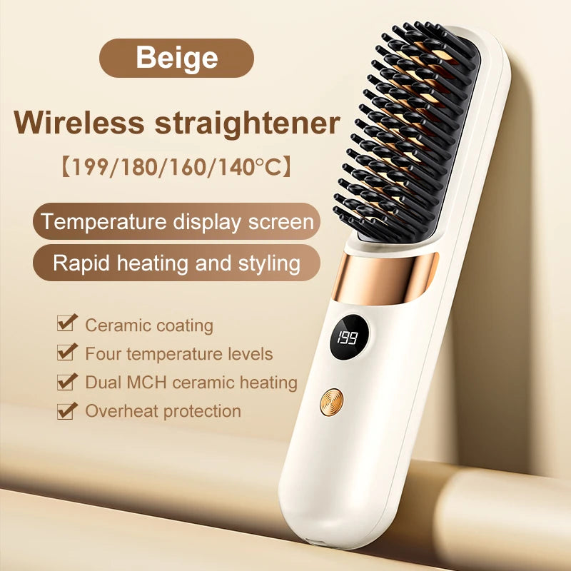 Electric Hair Straightener Brush Rechargeable Ceramic Styling Comb with Temperature Display for Women Daily Care