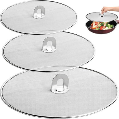 3-Piece Splatter Screen Set for Frying Pans, 13"/11.4"/9.8", Stainless Steel Grease Guard, Ultra-Fine Mesh Lid, Fold-Flat Design