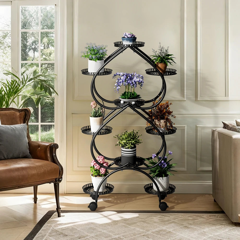 Iron Metal Plant Stand 9-Potted Rolling Flower Display Rack Holder with Wheels Indoor Outdoor