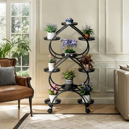 Iron Metal Plant Stand 9-Potted Rolling Flower Display Rack Holder with Wheels Indoor Outdoor