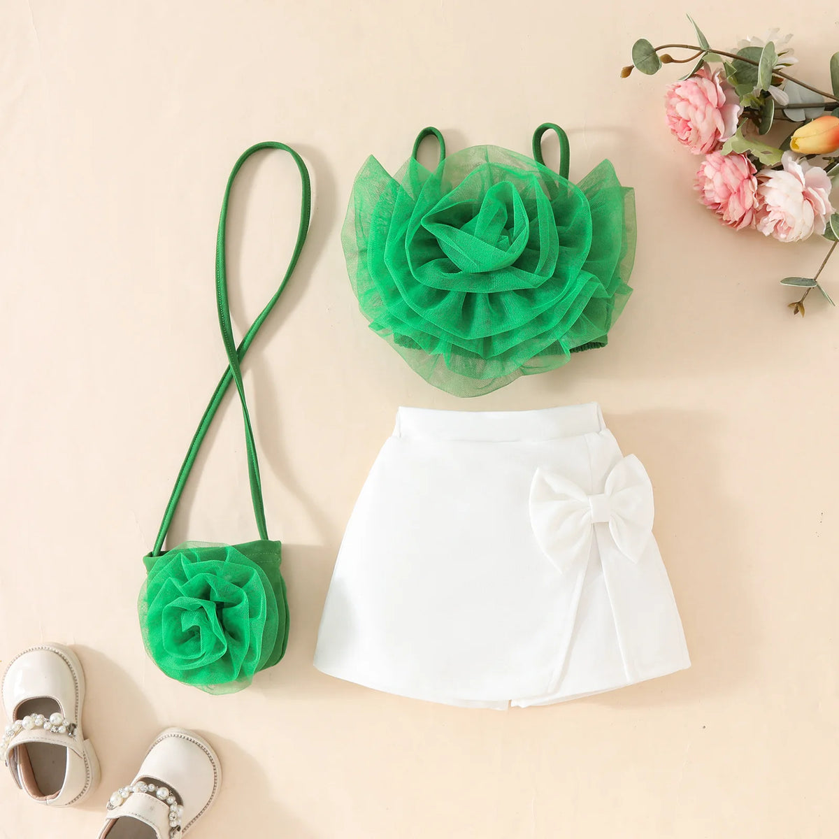 Summer Baby Childrens Clothes Set 0-4Y 3D Flower Camisole+Bow Shorts+Bag 3Pcs Trendy Girls Suit Kid's Culotte Girls Skirt Outfit
