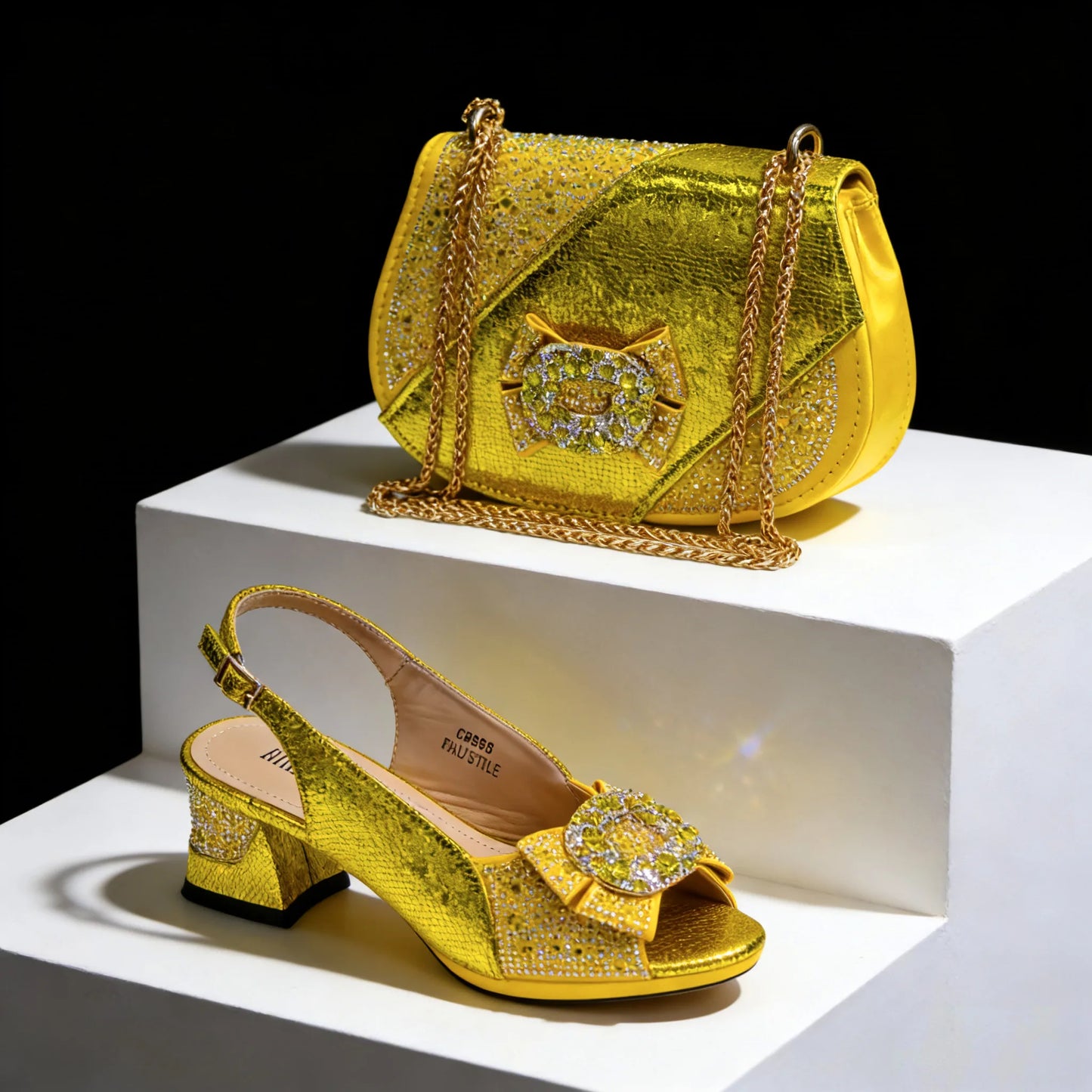 Nigeria Design Open Toe High Heels & Bag Set Gold Color blocking Hot Rhinestones Fashion Elegant Sexy High Heels