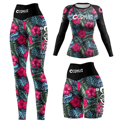 Flower Print Women Rash Guard Gym Clothes MMA Compression Yoga Wear Jiu Jitsu Rashguard T-shirt+Pants Boxing Grappling 4pcs/Sets
