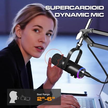 Pupgsis Dynamic Podcast Microphone for Studio, Cardioid XLR/USB Mic, AI Noise Cancellation, Mute Button, 3.5mm Headphone Jack for Monitoring, Volume Control, Microfono with Boom Arm