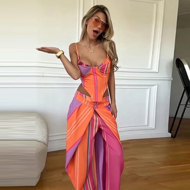 Chic Stripe Print Vest Pants Women Set Patchwork Slash Neck Bandage Top Pleated Asymmetry Trousers 2026 Summer Lady Outfit