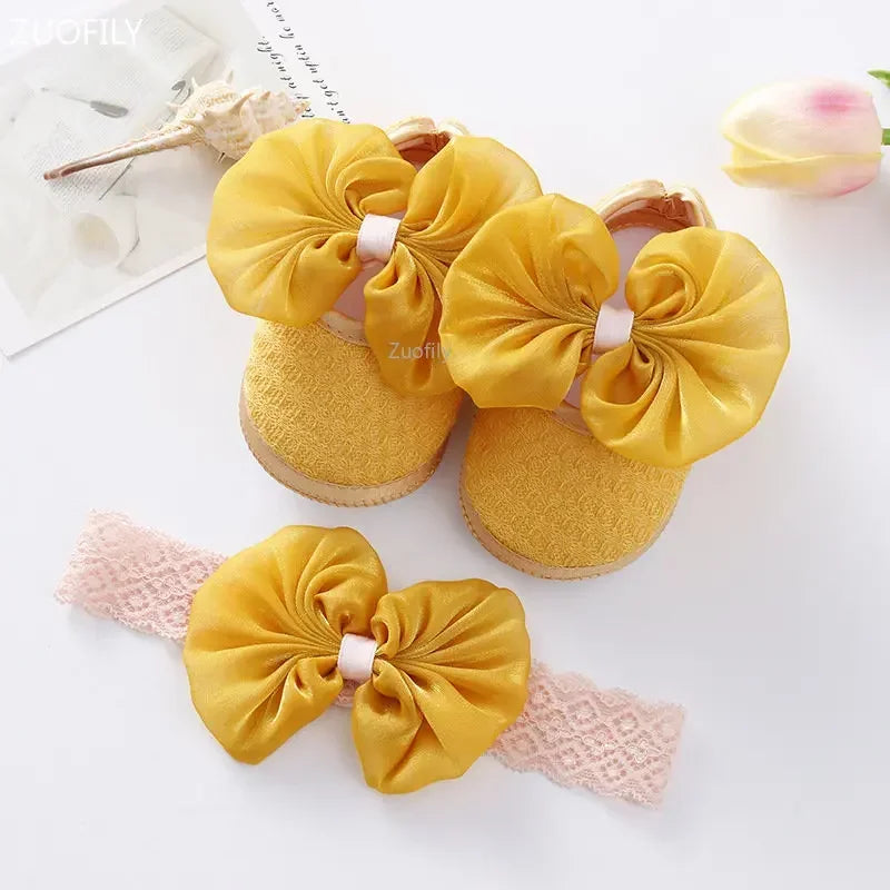 Spring Infant Baby Girl Shoes Newborn Lace Flowers Headband Anti-Slip Soft Sole First Walkers Toddler Kids Cotton Baptism Shoes