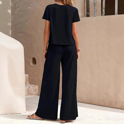 2026 New Solid Green Women Loungewear Set Round Neck Crop Short Sleeve Top Elastic Waist Wide Leg Pants Casual Two Piece Pajamas