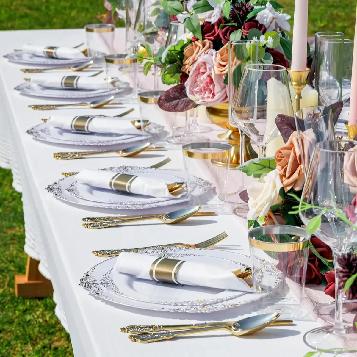 350PCS Gold Plastic Plates - Gold Plastic Dinnerware Sets for 50 Guests - 100 Disposable Plates, 150 Silverware, 50 Cups, 50 Nap