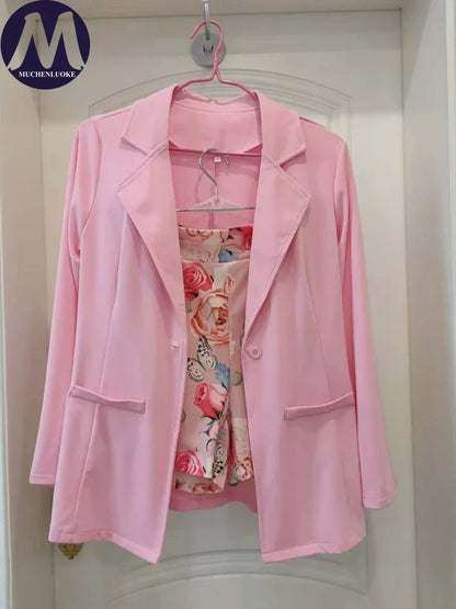 2 Pieces Women's Korean Fashion Set Spring Summer Casual Long Sleeve Blazer Coats with Elegant Printing Belt And Shorts