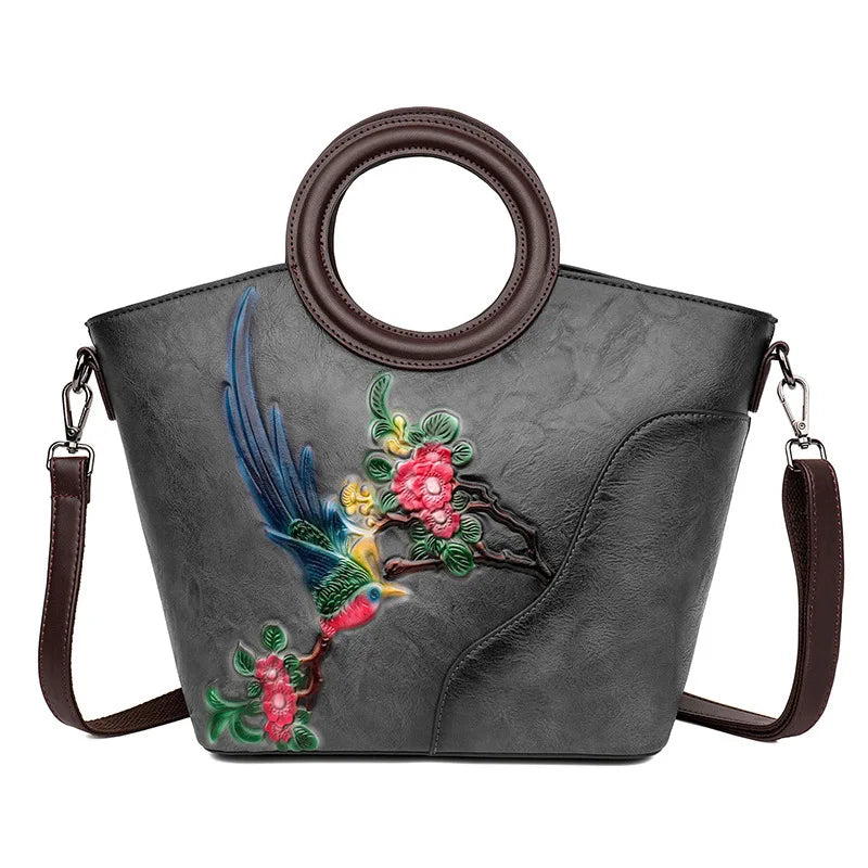 2026 New Handmade Painting Vintage Bucket Bag for Women Genuine Leather Textured Top Handle Shoulder Crossbody Handbag Purse