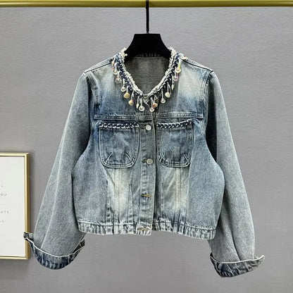 New Classical Metal Ribs Buckle Design Washed Breathable Vintage Short Denim Jacket for Ladies Autumn Winter Summer Nylon/Cotton