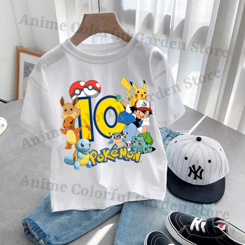 Anime Pokemons Kawaii T-shirts for Children Pikachu Cartoon Number Printed Short-sleeved Top Boys Girls Summer Fashion T-shirt