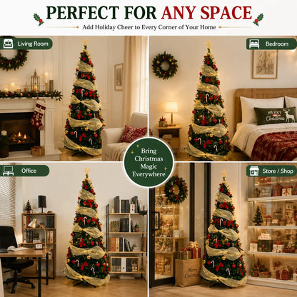 Artificial Christmas Tree with Lights Red Gold Decorations PVC Xmas Tree Easy Assembly 150/180/210cm Holiday Home Decor