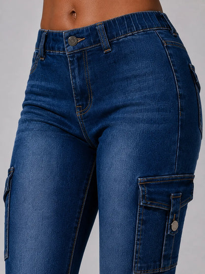 Women's High-quality Stretch Vintage Washed Cargo Flare Jeans, Y2K Style, Casual and Versatile, Suitable for All Seasons