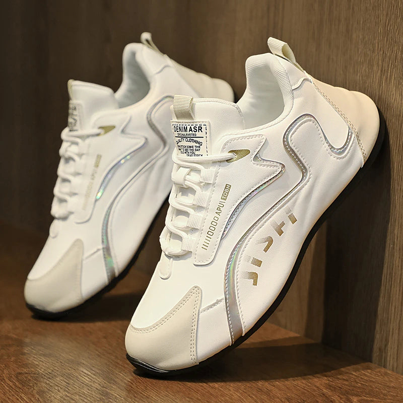 Men'S Black And White Gold Accent Running Shoes Breathable Mesh Upper Lightweight Non Slip Athletic Sneakers For Daily Wear