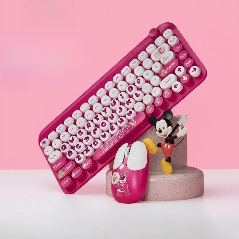 Mickey Bluetooth Wireless Keyboard and Mouse Set 84 Keys Cartoon Round Keycaps Mini Keyboard for Laptop Compute Gaming Office