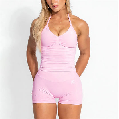 Bum PB Women Sports Yoga Suit Balance Scrunch Shorts Sets Gym Fitted Halter Built-in Bra With Cups Leggings Sets