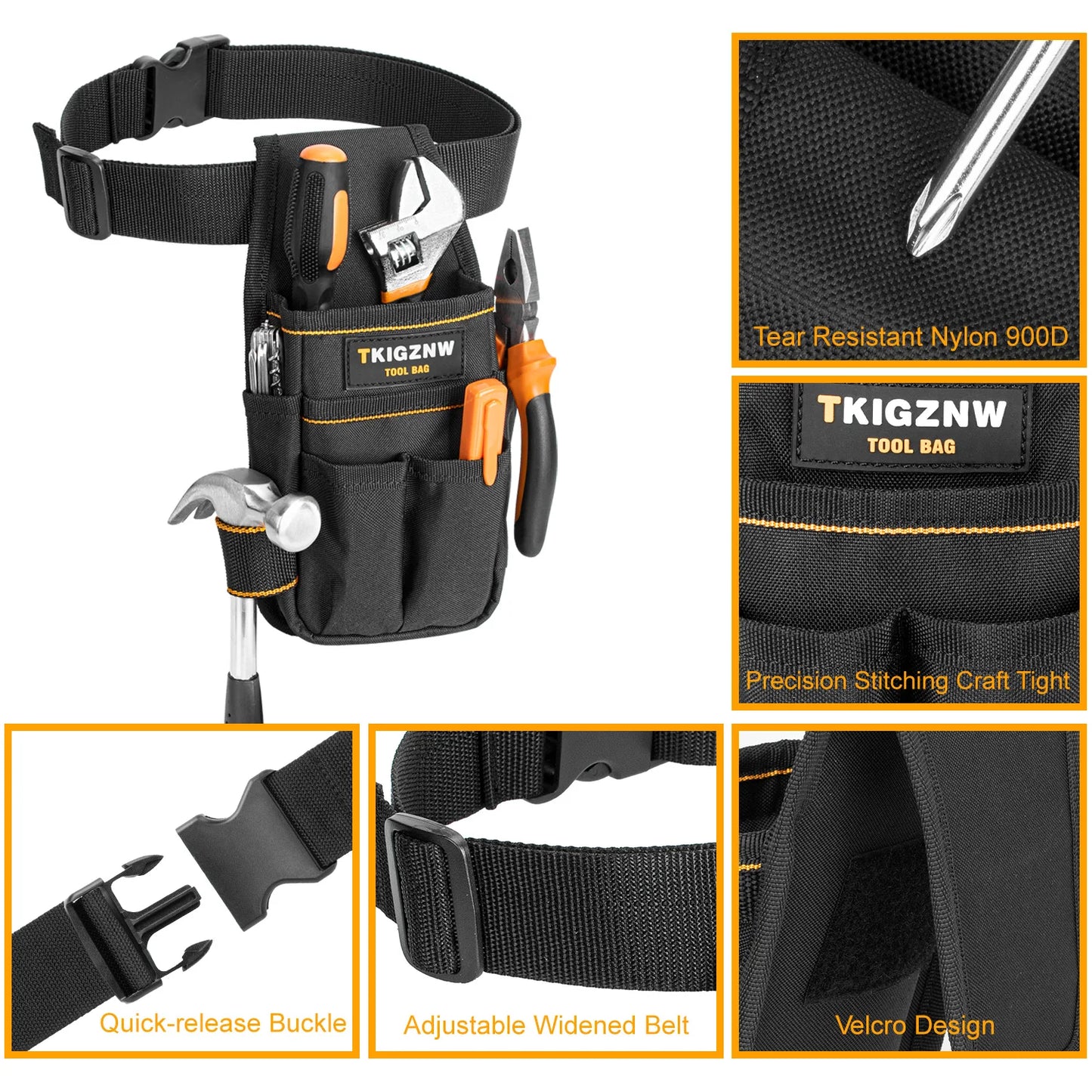 TKIGZNW Pocket Tool Pouch，6-Pouches and 9 Screwdriver Loops Construction, Heavy-Duty Tool Bag with Adjustable Belt for Electrici