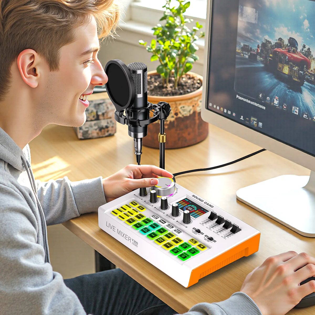 Tenlamp Y300-P15B Podcast Microphone Bundle with Live Sound Card Audio Mixer, 3.5mm Condenser Mic for PC Smartphone Gaming Streaming Singing YouTube Vlog Studio Recording