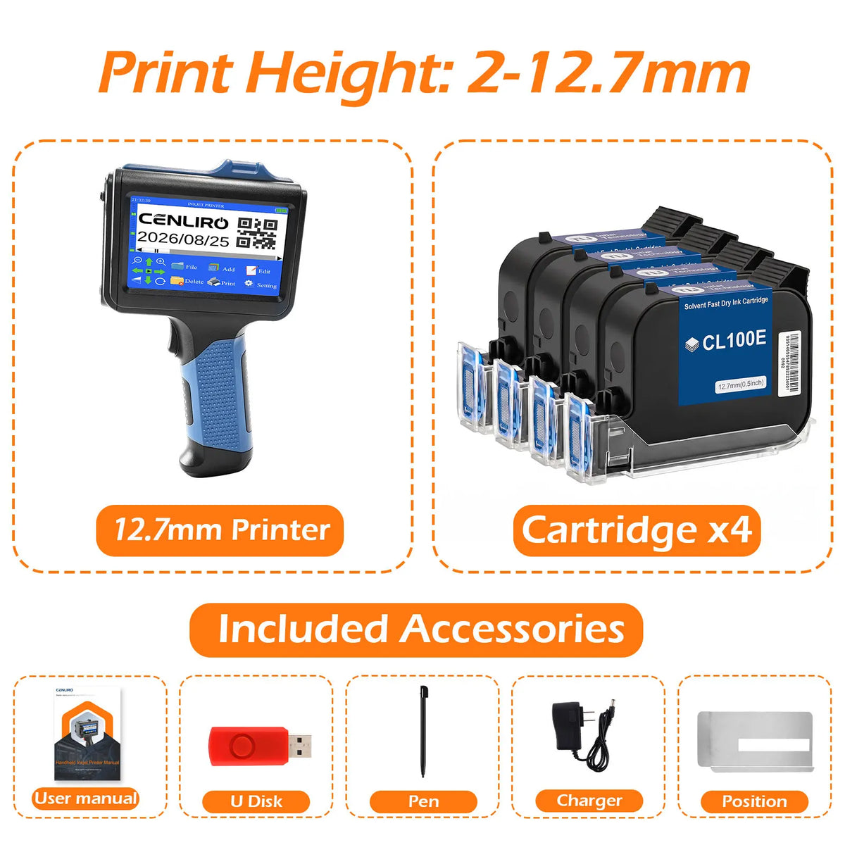 Cenliro Upgrated Handheld Inkjet Printer CL12B with Black Fast-drying Ink Cartridge for Date Batch Number Logo QR Code 600DPI