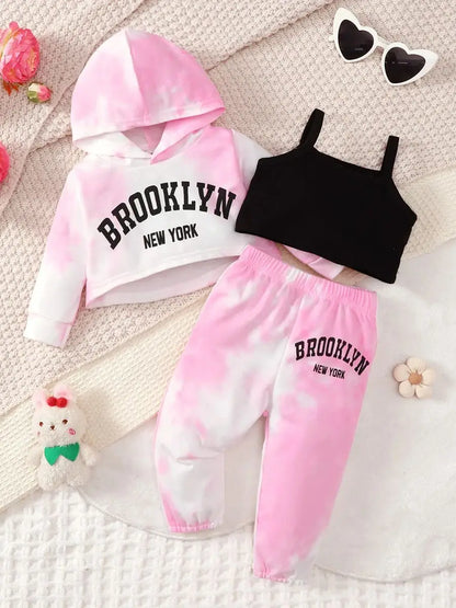 Baby Girl Spring And Autumn Pink Long Sleeved Hoodie With Personalized Printed Letter Pattern Three Piece Set