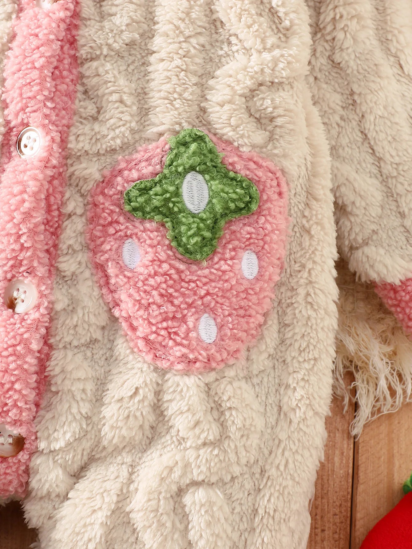 Baby Thick Double-Sided Fleece Doll Collar Romper Set Sweet 3D Strawberry Pocket Cable Knit Romper + Matching Warm Hat Soft and Warm for Winter Outings
