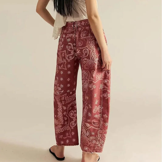 New Spring and Autumn Women's Loose Denim Flower Print Denim Pants Wide-leg Pants
