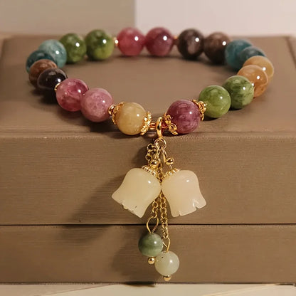 Vintage Antique Style Beaded Bracelet, Chinese Multi Gemstone Wristband with Carved Lily of The Valley Pendant, Retro Heirloom Aesthetic Jewelry Gift for Classic Fashion Lovers