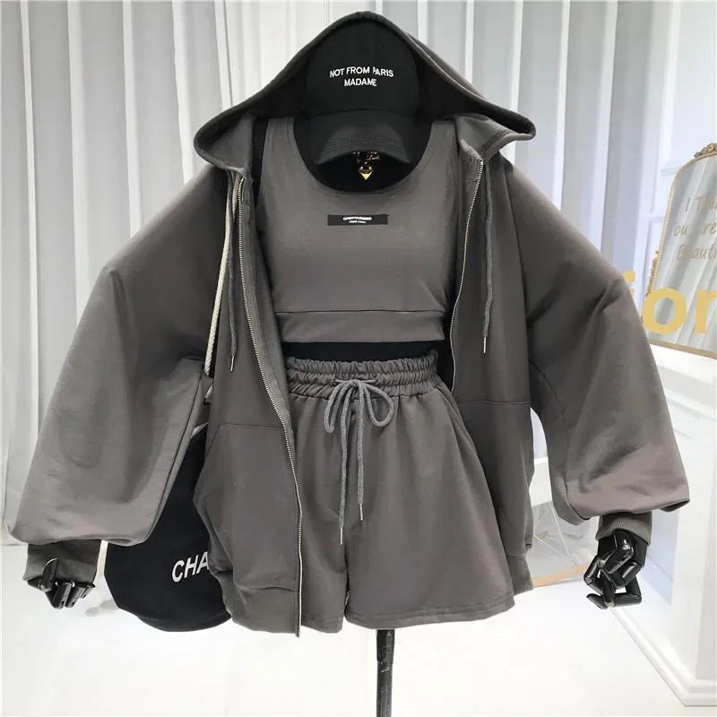 Women's Fashionable Casual Sports Windsuit Spring Autumn Collection Age-Reducing Gym Running Sweatshirt Shorts Three-Piece Set