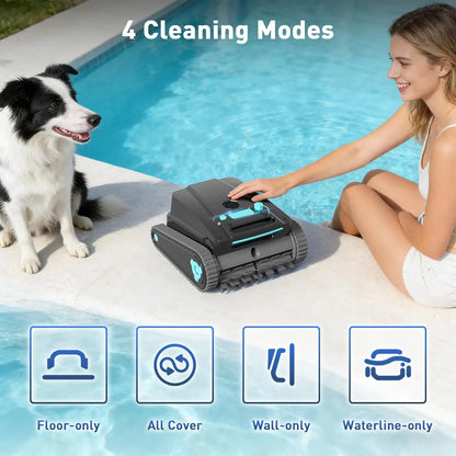 Cordless robotic pool cleaner for above-ground and in-ground pools; features automatic parking; maximum cleaning coverage of 19.8 meters / 1,100 square meters (tracked model).