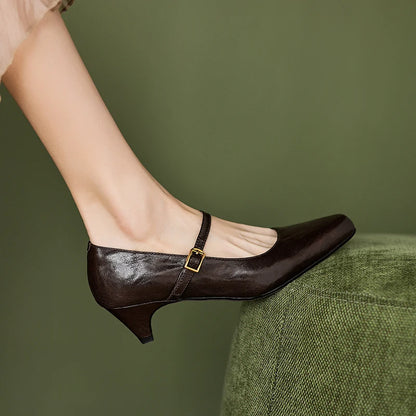 2025 New Spring Women Pumps Sheepskin Leather Women Shoes Pointed Toe Med Heel Concise Slip-on Shallow Handmade Shoes Mary Janes