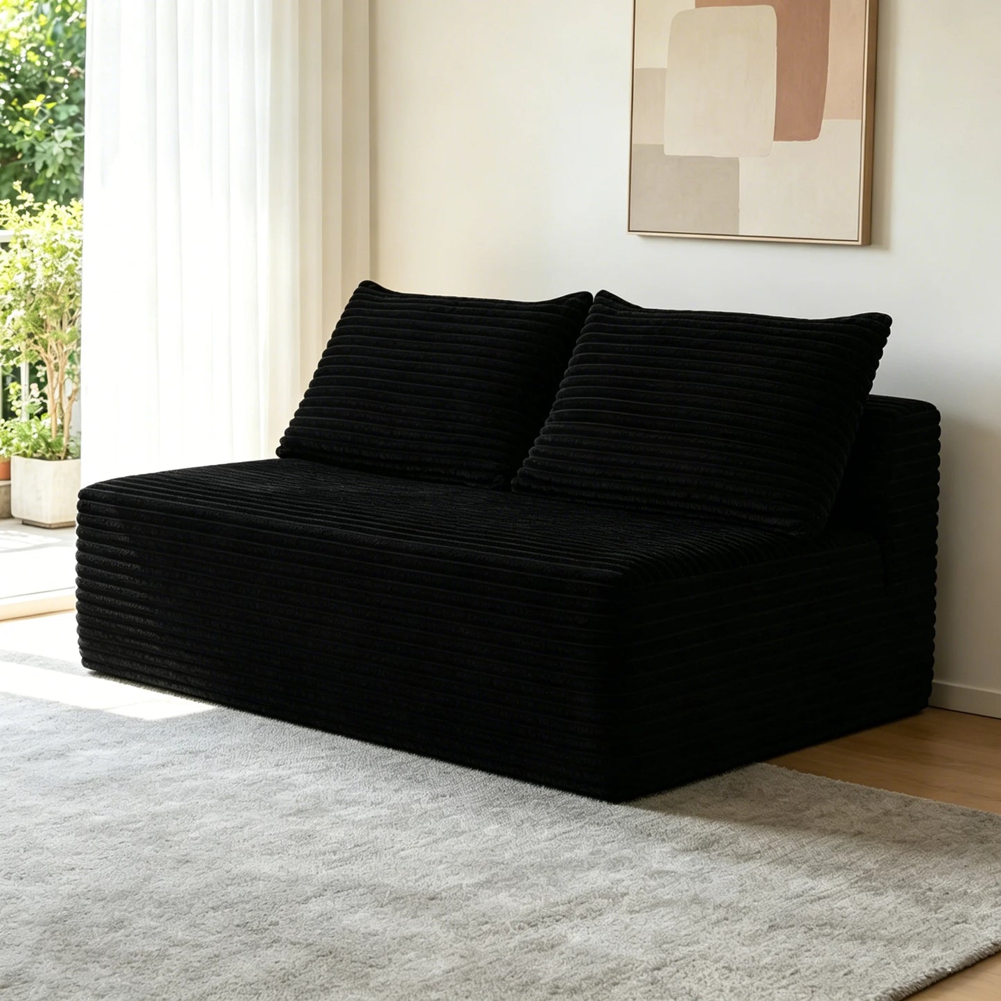 58" Double Chaise Lounge Sofa, No Assembly Plush Fabric 2 Seat Couch with Cup Holder, Spring Padding Flexible Modular Furniture for Living Room, Black