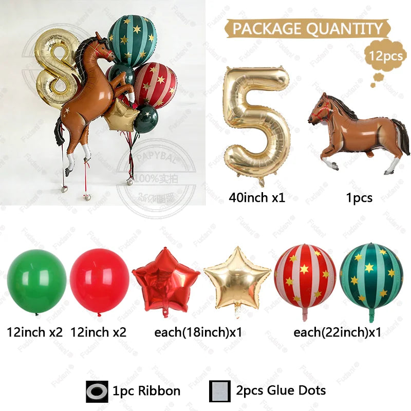 12pc Giant Race Horse Striped Star Balloons with 1-9 Cream Number Balloon for Cowboy Animal Theme Birthday Farm Party Decoration