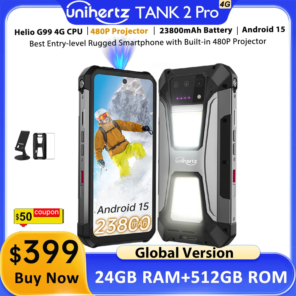 Unihertz tank 2 Pro 8849 rugged phone with projector, 100MP camera, 24GB 512GB, Android 14, 100MP, NFC, Helio G99, 23800mAh , 4G