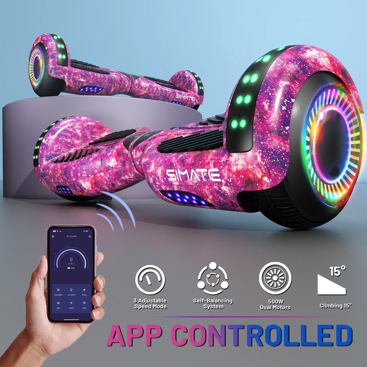 SIMATE P6 Hoverboard, 6.5" Self Balancing Scooter, All Terrain Hover Boards with Bluetooth, APP Control and LED Lights for Kids Adults
