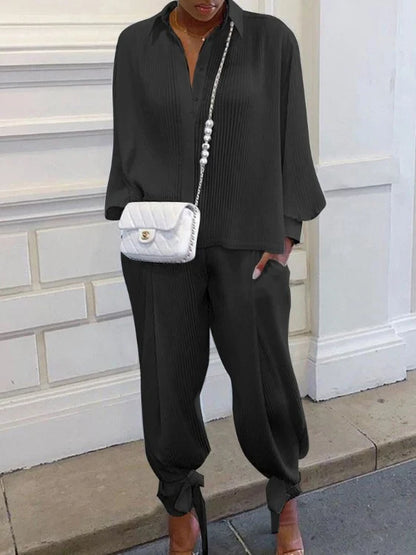 Classic Solid Shirt Pants Set Women Casual Loose Long Sleeved Lapel Elastic Waist Two Piece Suit 2025 New Summer Street Outfit