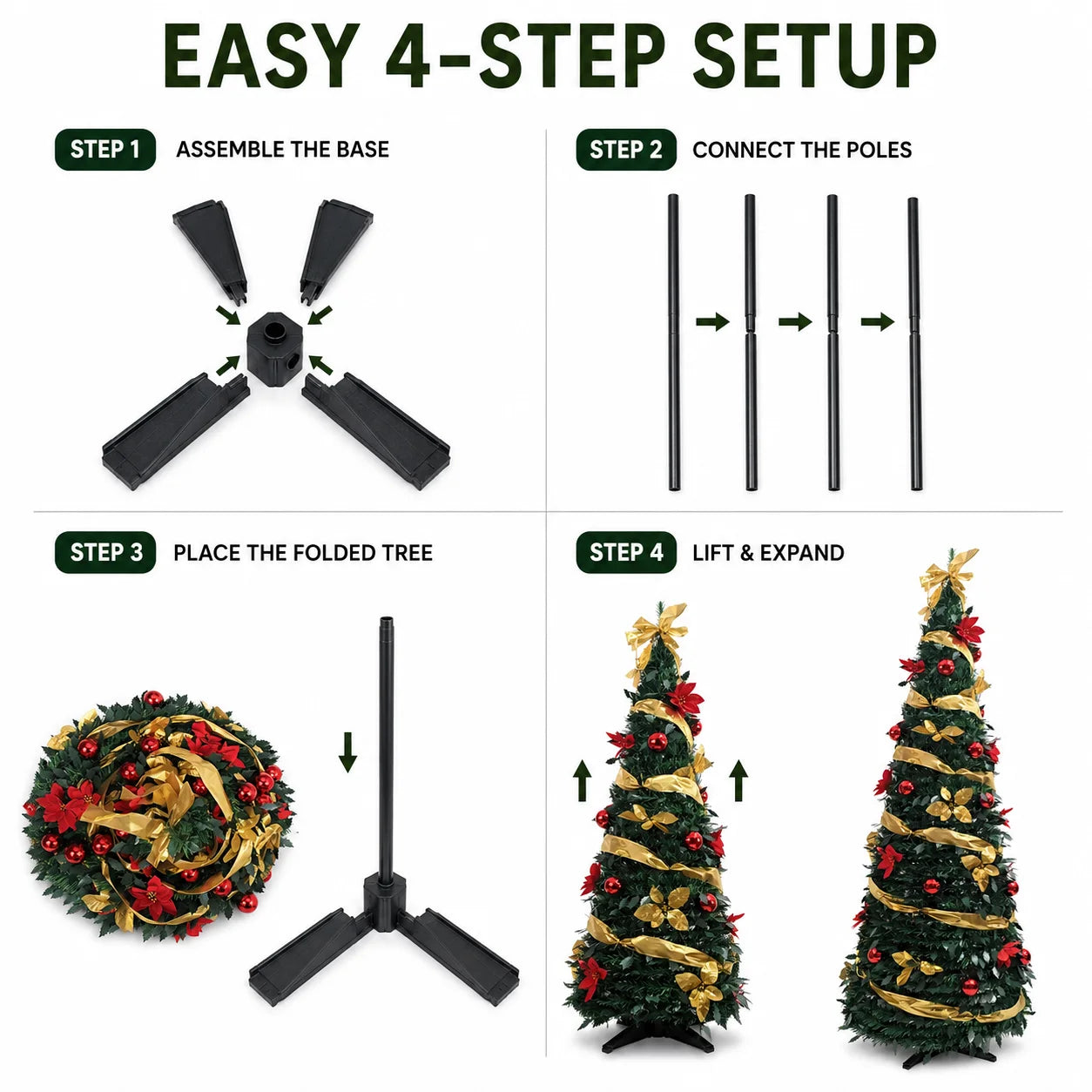 Green PVC Christmas Tree 1.5/1.8/2.1M Pre-Decorated Bow Topper Flowers,Foldable Xmas Tree Optional USB Lights Holiday Home Decor