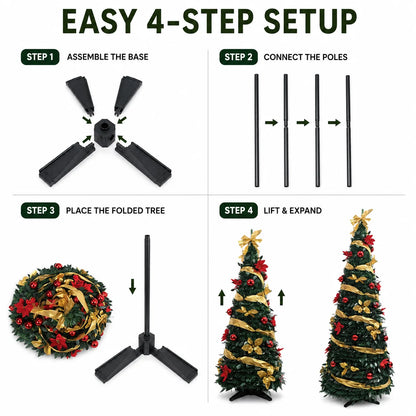 Green PVC Christmas Tree 1.5/1.8/2.1M Pre-Decorated Bow Topper Flowers,Foldable Xmas Tree Optional USB Lights Holiday Home Decor