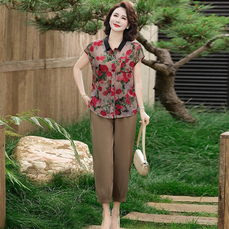 Summer 2025 Plus Size Cotton Linen Comfortable Women's Two-piece T-shirt+pants Buttoned T-shirt Set Outdoor Retro